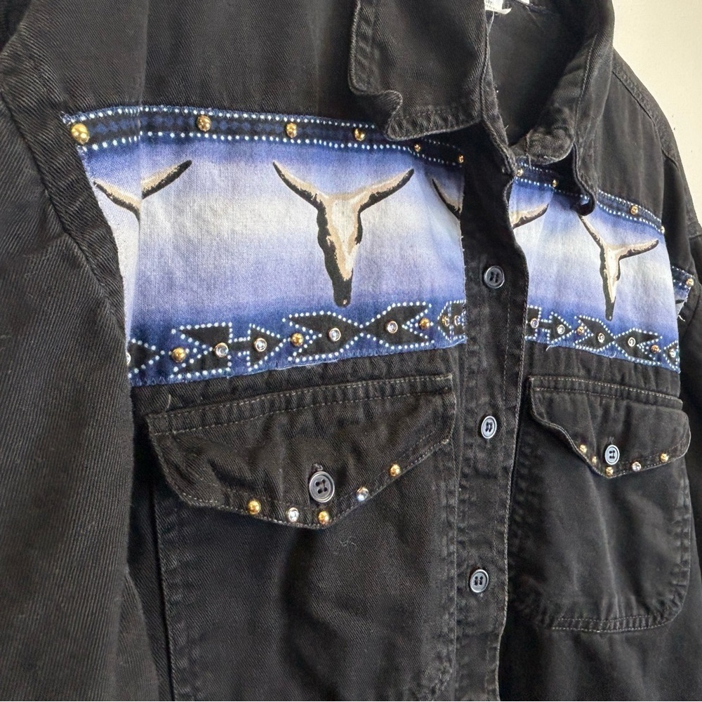 Vintage Sue Who? Women’s Western Shacket Top Size L Button Up Rhinestone‎ Black - Picture 6 of 11